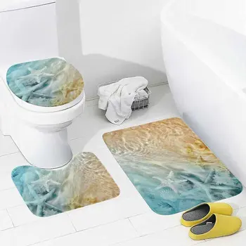 Набор ковриков для ванной из 3 предметов, морская раковина, морская звезда, градиентный морской пляжный контурный коврик для унитаза, крышка, нескользящий коврик для ванной