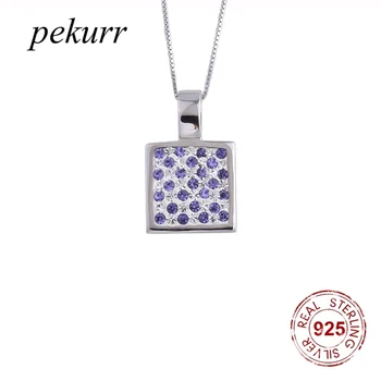 Pekurr Стерлинговое серебро 925 Пробы, квадратные ожерелья с кристаллами аметиста Для женщин, подвески с геометрией из фиолетового Циркона, модные украшения, подарки