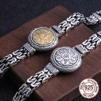 Мужской браслет из 100% стерлингового серебра 925 Пробы, быстро вращающийся на 360 градусов Буддийский браслет Six Word's Sutra Для мужчин, ювелирные украшения в двух стилях