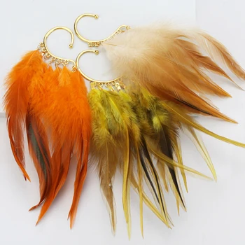 Удлиненные серьги с перьями-Коричневые Длинные серьги с перьями-Полосатые серьги с перьями-Украшения из перьев