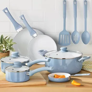 Набор керамической посуды из 12 предметов, Синие льняные кастрюли и сковородки с антипригарным покрытием, Наборы кухонной посуды