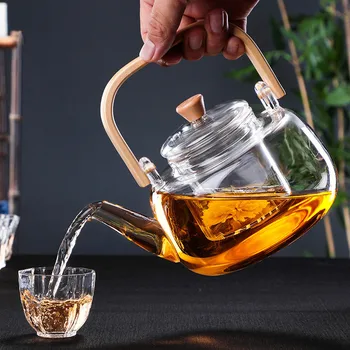 Японский чайник из термостойкого стекла, Прозрачный, для заварки чая большой емкости с бамбуковой ручкой, Портативный чайник, Заварочный чайник 0,8 / 1л