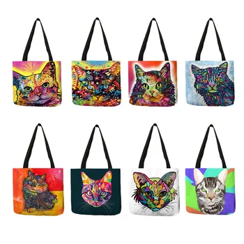 Красочная сумка-тоут с рисунком кота маслом с индивидуальным принтом Женские модные льняные сумки многоразовые сумки для покупок Школьные сумки для путешествий