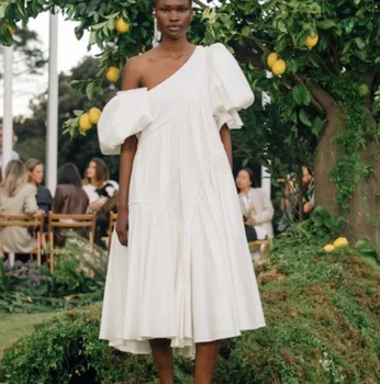 Женское Свободное платье из плотной ткани с рукавом-фонариком, Диагональный воротник, Асимметричное Белое платье Миди
