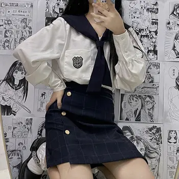 Herstory Корейская униформа jk костюм полный комплект студенческой школьной формы с матросским воротником рубашка в стиле колледжа с длинными рукавами сумка хип-хоп юбка