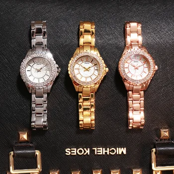 Часы со стальным ремешком из горного хрусталя, доступные трехцветные кварцевые часы, модный повседневный набор, барные часы, женские часы, прямые продажи