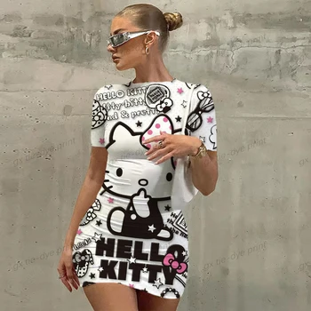 2023 Новое летнее женское облегающее платье с круглым вырезом и коротким рукавом, облегающее тонкое платье, платья с рисунком Hello Kitty, цифровая печать, сексуальная сумка, модное платье