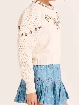 Дворцовые Ретро-женские цвета Слоновой кости, вязаный свитер с цветочной вышивкой, пуловер принцессы, Трикотажный джемпер с пышными рукавами