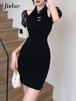 Jielur/ Новое женское платье-поло с вырезом лодочкой, летнее Корейское сексуальное женское обтягивающее платье с пышными рукавами, модные маленькие черные платья с милой оберткой на бедрах