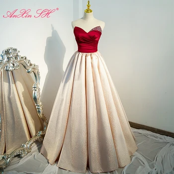 AnXin SH принцесса красного цвета и цвета шампанского, атласное, блестящее, без бретелек, расшитое бисером, бальное платье на шнуровке с кристаллами, вечернее платье невесты для ведущей вечеринки.
