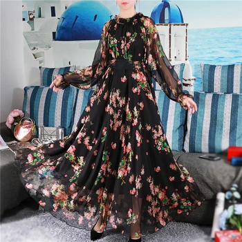 2021 Весенне-летнее новое женское платье с длинными рукавами, свободное популярное длинное платье из шифона с цветочным рисунком для отдыха на море, большие качели, s672