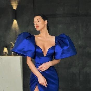 Королевско-синие атласные модные элегантные платья для выпускного вечера с V-образным вырезом и пышными рукавами, женские вечерние платья с высоким разрезом, большие размеры, сшитые на заказ