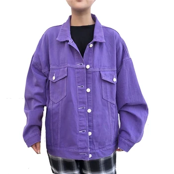 Весенняя винтажная свободная джинсовая куртка BF, женская фиолетовая джинсовая куртка Harajuku, Короткая уличная джинсовая куртка, Повседневная ветровка