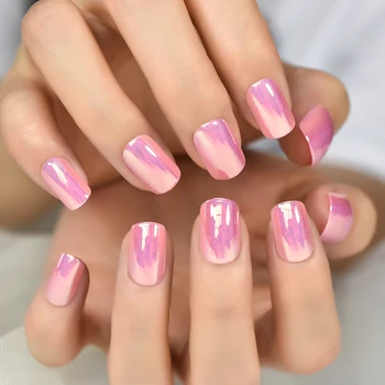 Короткий розовый хромированный глянцевый маникюр с квадратным нанесением на ногти, накладные кончики ногтей, маникюр, полностью покрывающий накладные ногти, красивые ногти с язычками