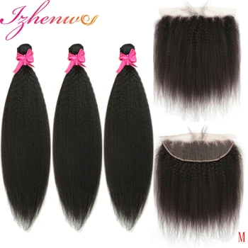 Пучки кудрявых прямых волос с кружевной застежкой 5x5 HD, наращивание человеческих волос Corase Yaki, Бразильское плетение пучков волос с фронтальной