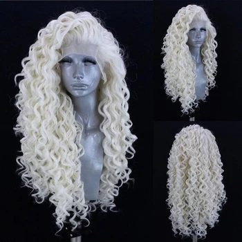 Синтетические парики на кружеве FANXITION Платиновая блондинка, длинноволновый парик на кружеве, свободная часть, синтетические парики для женщин, натуральная линия роста волос