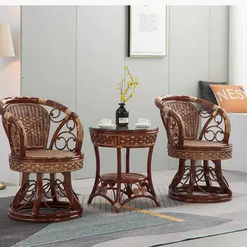 Индонезийский стул из настоящего ротанга, журнальный столик, комплект из трех предметов, вращающийся балконный стол и стул, повседневное сочетание ротангового стула