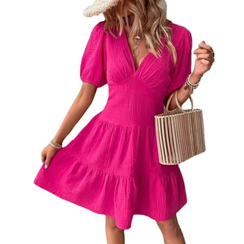 Повседневная Женская одежда, Новое Розово-Красное Летнее платье С V-образным вырезом И оборками, Мини-платье С Тонкой талией, Праздничные наряды, Модный Халат Femme Vestidos