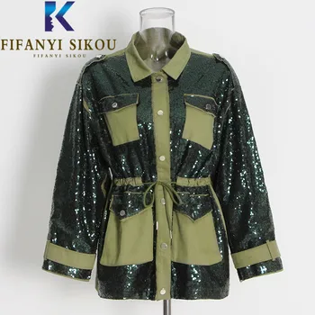 Куртка с пайетками, женская осенняя свободная модная куртка-бомбер с большим карманом и лацканами, пальто, женская уличная повседневная Ветровка