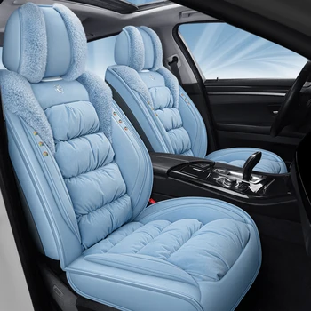Чехлы для автомобильных сидений Универсальные для седана, внедорожника, теплые плюшевые, 5 шт., полный комплект для передних и задних сидений, меховая подушка сиденья для 90% автомобилей синего цвета