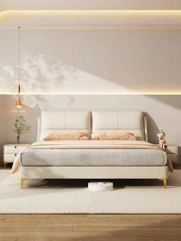 Роскошная кожаная кровать, современная и минималистичная главная спальня, двуспальная кровать в кремовом стиле, итальянская минималистичная мягкая кровать для хранения сумок