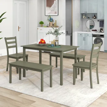 Деревянный обеденный набор TOPMAX из 5 частей \ Кухонный стол с 2 обеденными стульями и 2 Скамейками \ Фермерский дом в Деревенском стиле\  Зеленый