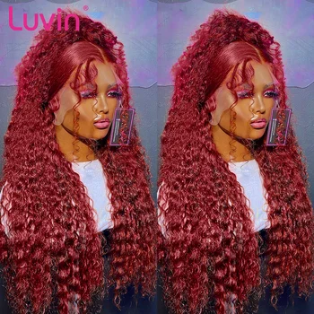 Luvin 99J Бордовый Прозрачный Кружевной Фронтальный парик с глубокой волной 13x4 Brazlian Remy 30-32 дюйма красного цвета с вьющимися передними париками для женщин