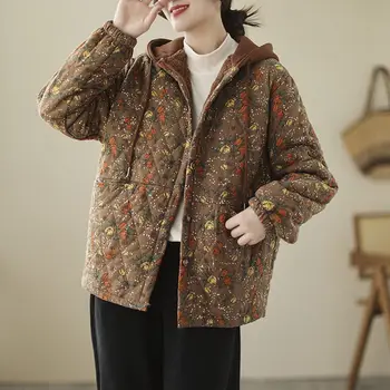 Женская куртка с цветочным рисунком большого размера 2022, осенне-зимнее хлопчатобумажное пальто в корейском стиле, свободная тонкая верхняя одежда из утолщенного флиса с капюшоном, T954