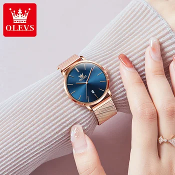 OLEVS 5869 Водонепроницаемые часы с ремешком из нержавеющей стали для женщин, модные Японские кварцевые женские наручные часы высокого качества с календарем