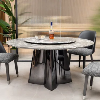 Мраморный обеденный стол, обеденный стол с поворотным столиком, круглый отель, семейная вилла, обеденный стол, комбинация стульев, мебель, r