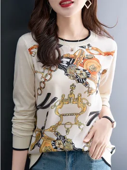 Тонкие вязаные свитера Женские Европейские винтажные свитера с принтом Женские весенние тонкие вязаные рубашки топы