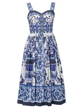 Женское хлопковое платье для летних каникул, бело-голубое, фарфоровое, с цветочным принтом, на тонких бретелях, на молнии, с эластичной спинкой, миди-платье