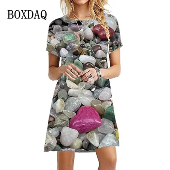Горячая распродажа одежды В летнем пляжном стиле, Красочное платье с камнями, Женское платье с 3D принтом, короткий рукав, Модные платья оверсайз с круглым вырезом