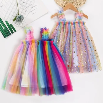 2023 Летние новые радужные платья для девочек, детское сетчатое платье принцессы на слинге, Сказочное пушистое платье для девочек на день рождения, тюлевое платье