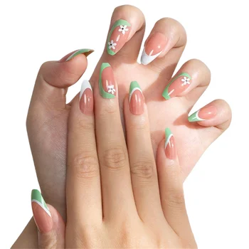 Длинные зеленые накладки на ногти для женщин с модным рисунком vUnique, женские украшения для ногтей своими руками