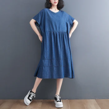 Новое поступление 2022 года, Свободное Джинсовое платье в Корейском стиле с коротким рукавом, Лоскутное Уличное Модное Шикарное Женское Повседневное Летнее платье
