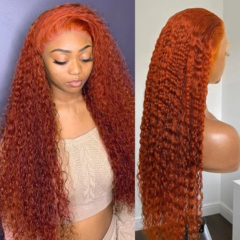 Luvin 13x4 Имбирно-оранжевые свободные парики из человеческих волос на кружеве с глубокой волной, Т-образная часть, Цветные Вьющиеся парики на кружеве Remy для женщин 180 Плотности