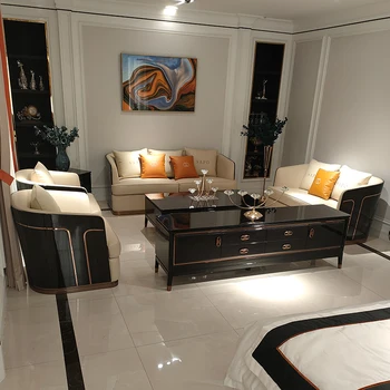 Изготовленный на заказ итальянский роскошный диван из черного дерева в простом сочетании кожи Armani и массива дерева в гостиной небольшой квартиры